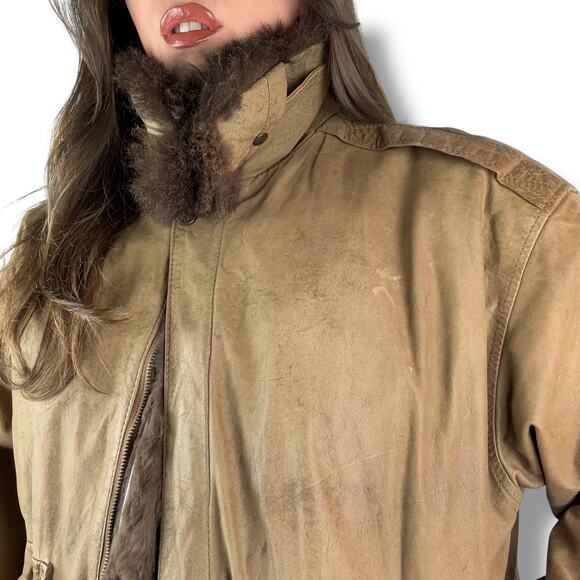 1970's Opossum fur lined distressed leather German aviator jacket by SAVAGE - Picture 9 of 16